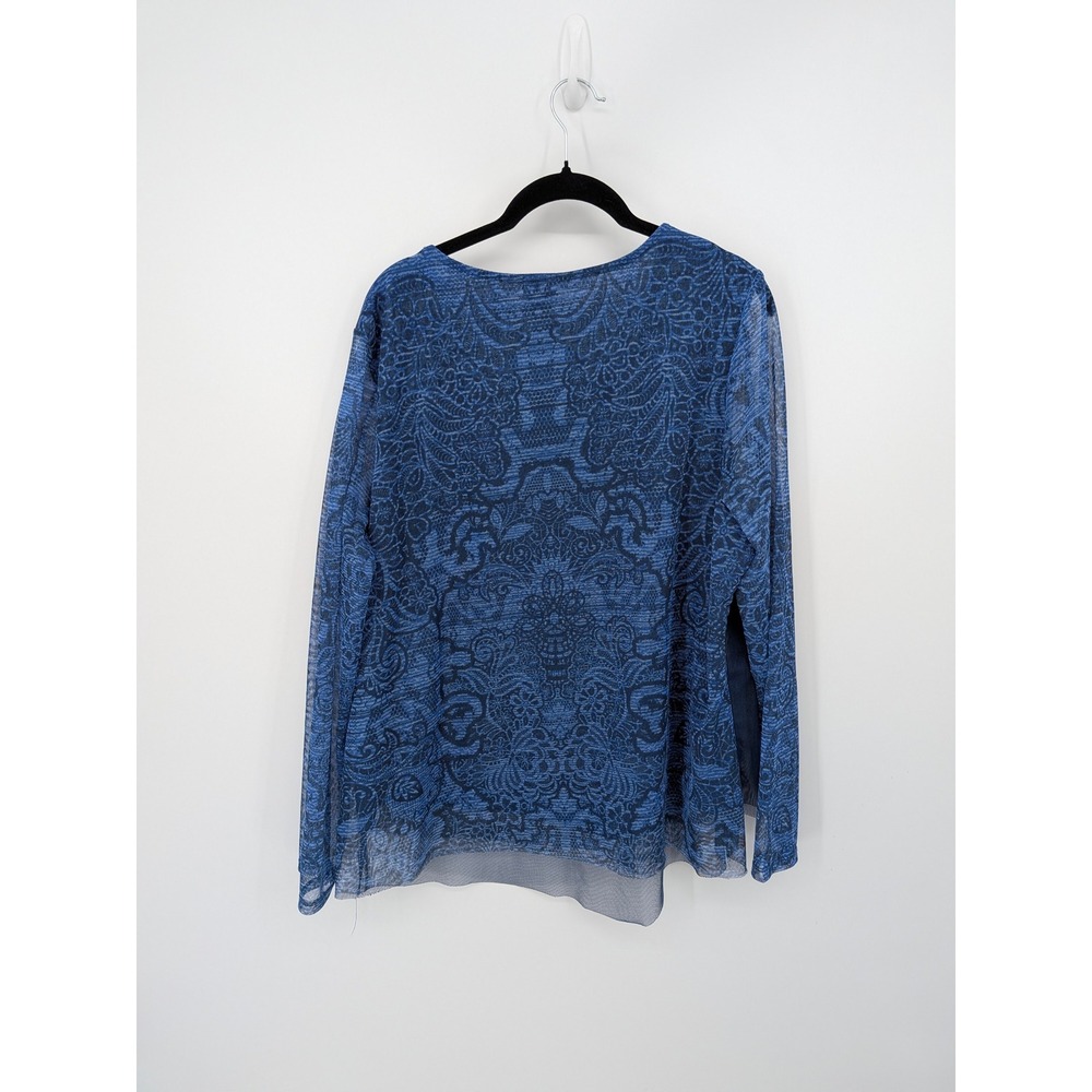 Chicos Top Women XL Blue Mesh Overlay V-Neck Long Sleeve Damask Print Blouse - Picture 3 of 7